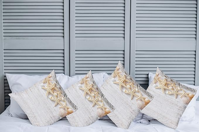 Ambesonne Seashells Throw Pillow Cushion Case Pack of 4, Starfish Marine in Vertical Direction Wood Surface Ocean Beach Nautical Print, Modern Accent Double-Sided Digital Printing, 16", Ivory Cream