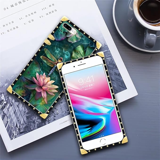 Compatible with iPhone 8 Plus 7 Plus Case, Colourful Dragonfly Pink Lily Pads Luxury Golden Decoration for Girl Women Soft TPU Shockproof Protective Hard PC Back
