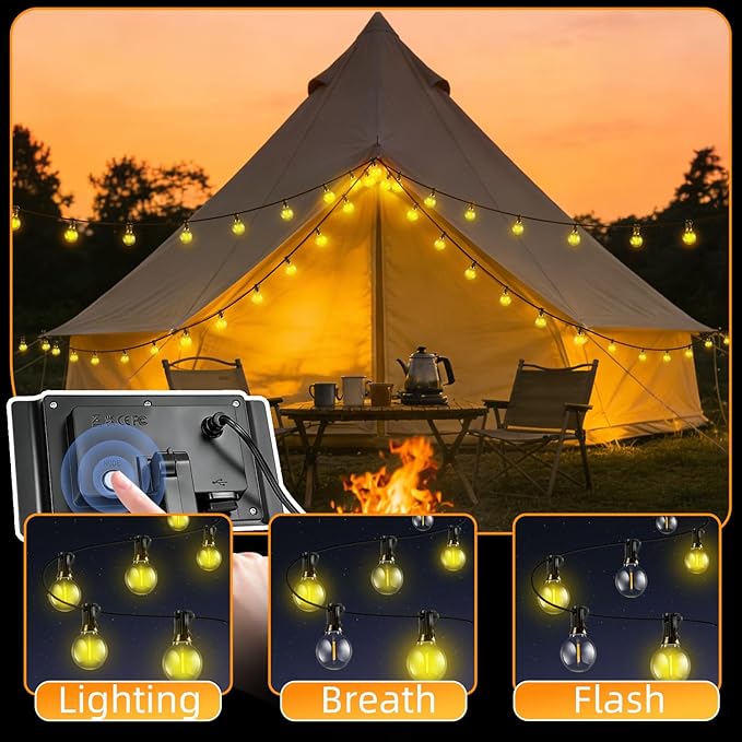 50FT Solar Lights Outdoor Waterproof: G40 15M Shatterproof Bulbs Patio Lights - Solar Powered Remote Control 3 Light Modes Dimmable Solar Light - Camping Backyard Garden Deck Outside Yard