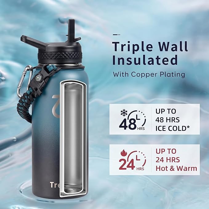 Trebo 32oz Water Bottle Insulated with Lid and Straw,Triple Wall Vacuum Stainless Steel Metal Tumbler Sports Flask with Paracord Handle, Keep Cold 48 Hours Water Cup with 3 Lids, Indigo/Black