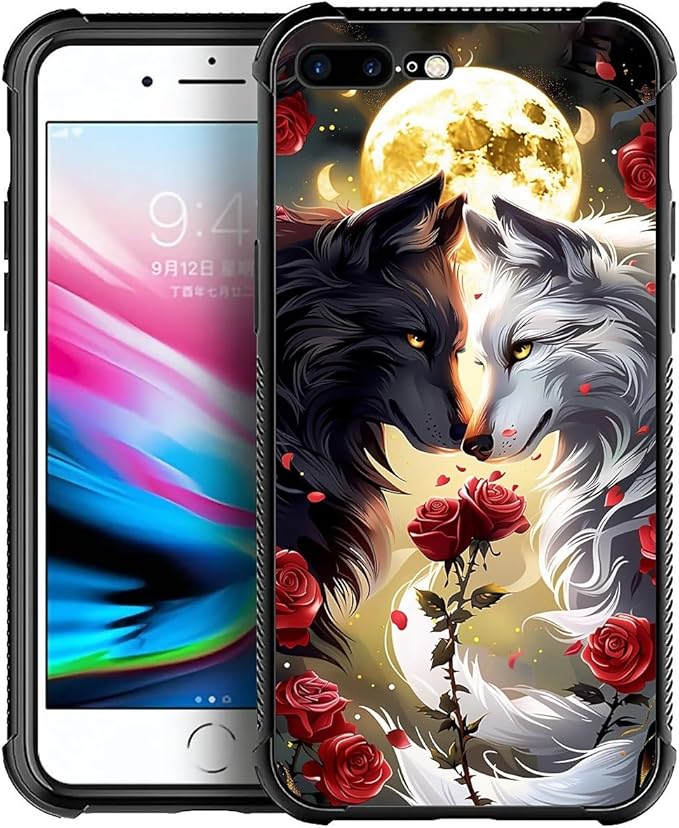 Case for iPhone 7 Plus/8 Plus, Black White Wolf Moon Flower Rose Pattern, Soft Silicone Hard Acrylic for Shock Protection
