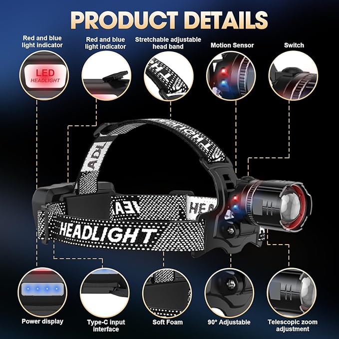 ATDOALL Super Bright LED Headlamp 4 Pack, High Lumen Rechargeable Head Lamp with Motion Sensor, 5 Modes, IPX5 Waterproof, 90° Adjustable, Zoomable Head Lights for Adults, Hard Hat, Outdoor, Camping