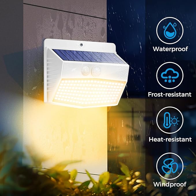 Peasur Solar Outdoor Lights, [2 Packs] Motion Sensor Security Lights with 3 Lighting Modes Wall Lights Waterproof Solar Powered Lights for Garden Yard, White Warm