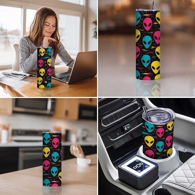 Firmiso 20 oz Tumbler｜Skinny Insulated Travel Mug｜Stainless Steel Cup with Lid and Telescopic Straw｜Colorful Alien Design｜Funny Novelty Drinkware｜Unique Gift Idea for Adults Men Women