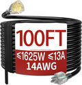 100 FT 14/3 Extension Cord Outdoor, Heavy Duty Weatherproof & Flame Retardant Black 3 Prong Power Cord with Light, Outside for Lawn & Garden, 13 Amps 1625 Watts 125 VAC 14AWG SJTW, ETL Listed