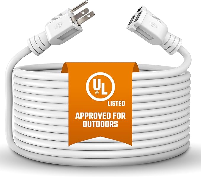 Heavy Duty Extension Cord/Wire Power Cable, Indoor/Outdoor, 16/3, Single Outlet, 15 Feet, UL Listed, White
