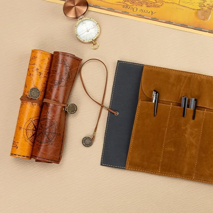 4 Pieces Leather Pencil Case, Creative Map Rollup Pencil Bag, Vintage Makeup Brush Pouch, Brown PU Matte Smooth Cover Storage Pouch Holder Organizer