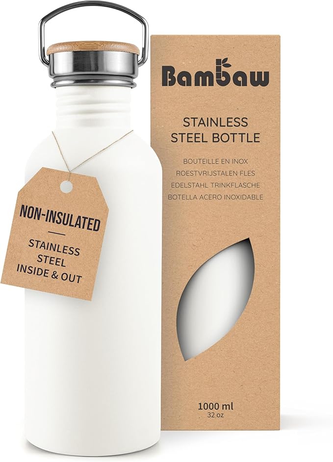Bambaw Metal Water Bottle, White Water Bottle, Reusable Non-Insulated Sports Bottle, 1 Litre Stainless Steel Bottle, 1 Litre Stainless Steel Bottle – Polar White