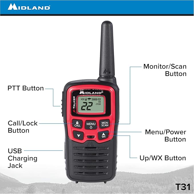 Midland T31VP 22 Channel FRS Walkie Talkie - Up to 26 Mile Range Two-Way Radio - Red/Black (Pack of 4)