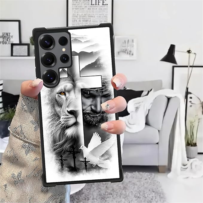 for Samsung Galaxy S25 Ultra Case,Graphic Design for Girl Boy Soft Silicone Hard Acrylic Shock Protection Designed for Samsung Galaxy S25 Ultra Lion Cross Jesus Christ Dove Pattern