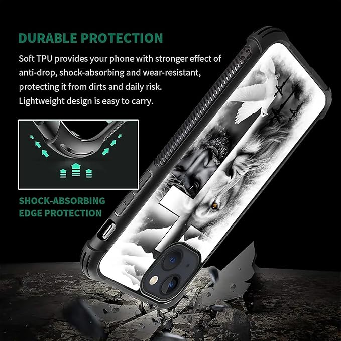 for iPhone 13 Case, Lion Cross Jesus Christ Dove Pattern Graphic Design Girl Boy Soft Silicone Hard Acrylic Shock Protection for iPhone 13