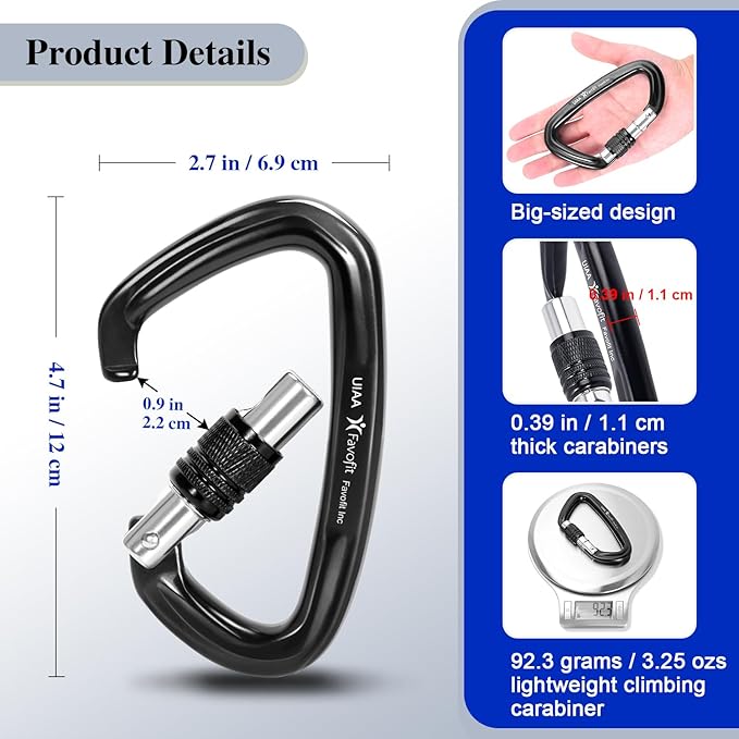 UIAA Certified 25kN-42kN Climbing Carabiners - Favofit Heavy Duty Locking Carabiner Clips with Twist or Screw Lock - Professional Rock Climbing Gear for Tree Climbing Arborist Rappelling & Rescue