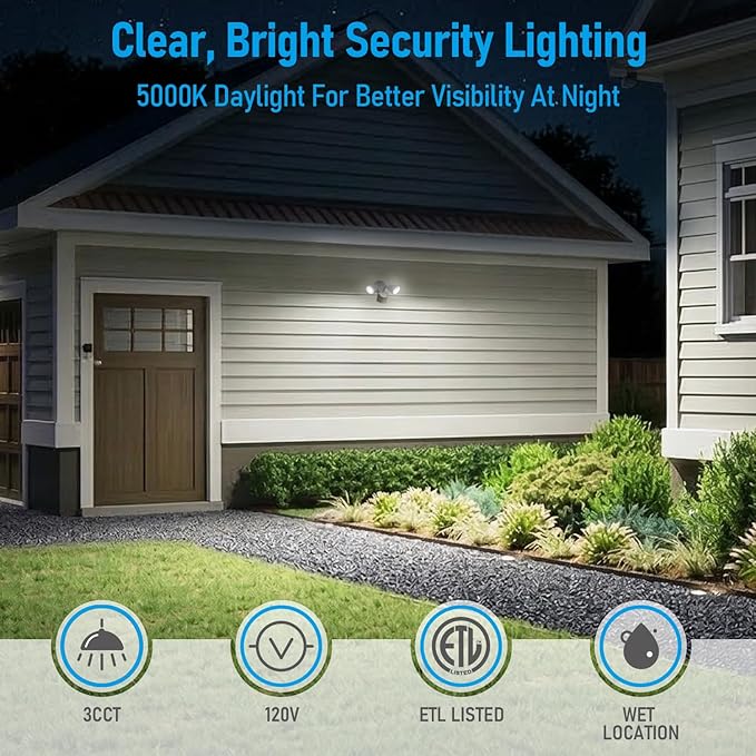 LEONLITE 3CCT LED Security Light, Motion Sensor Outdoor Lights, Dusk to Dawn, ETL Listed, Adjustable Heads, 3000K4000K5000K Selectable, Motion Detector Flood Light, Aluminum, IP65 Waterproof, White