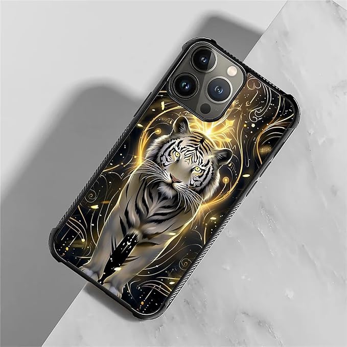 for iPhone 15 Pro Case, White Tiger Golden Mystery Pattern Graphic Design Girl Boy Soft Silicone Hard Acrylic Shock Protection for iPhone 15 Pro