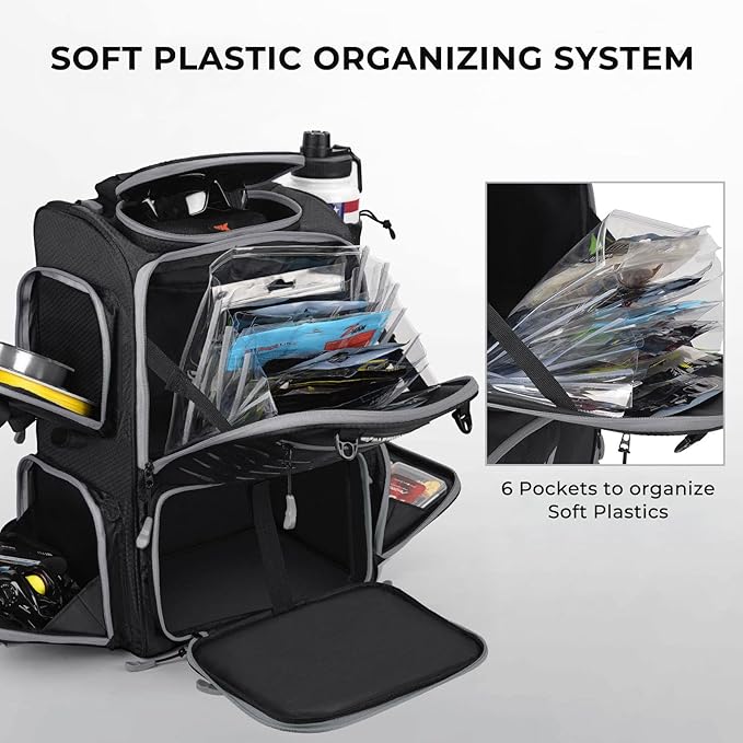 KastKing Bait Boss Fishing Tackle Backpack with Rod Holders-4 Tackle Boxes-Rain Cover,45/43L Large Storage for Fishing Gear
