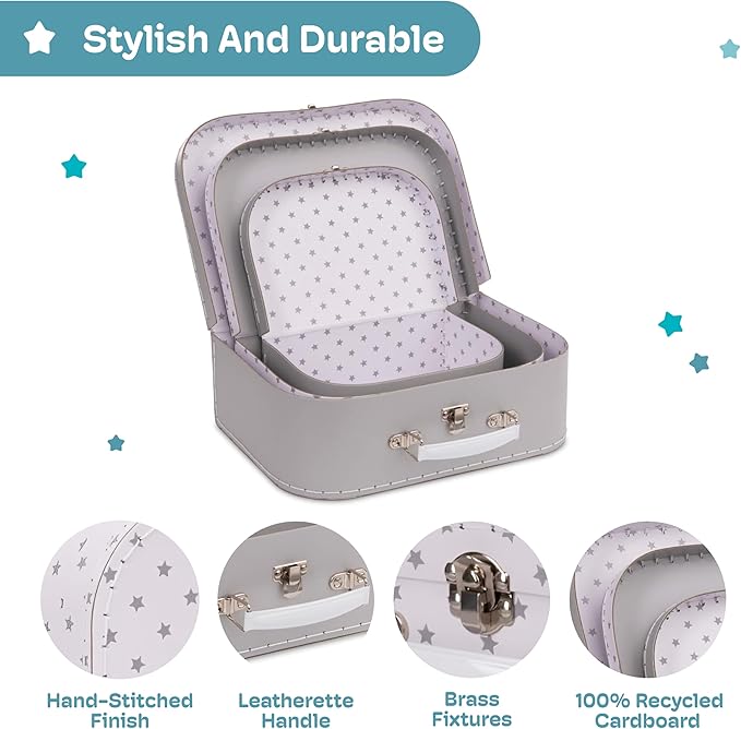 Jewelkeeper Paperboard Suitcases, Set of 3 Vintage Decorative Storage Box, Luggage Decor Storage, Vintage Decor for Birthday, Weddings, Grey Stars Design