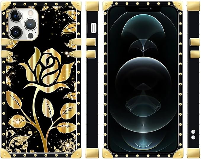 Compatible with iPhone 12 Pro Max Case, Shine Gold Rose Luxury Golden Decoration for Girl Women Soft TPU Shockproof Protective Hard PC Back for iPhone 12 Pro Max