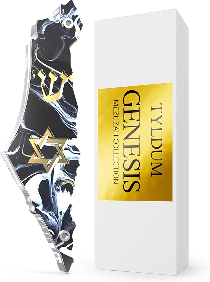 Genesis Mezuzah for Door – Modern Acrylic Mezuzah Case Without Kosher Scroll – Handmade in Canada Judaica Gift, Weatherproof, Jewish Artisan Design, Clear Case (Map with Star, Black Marble)