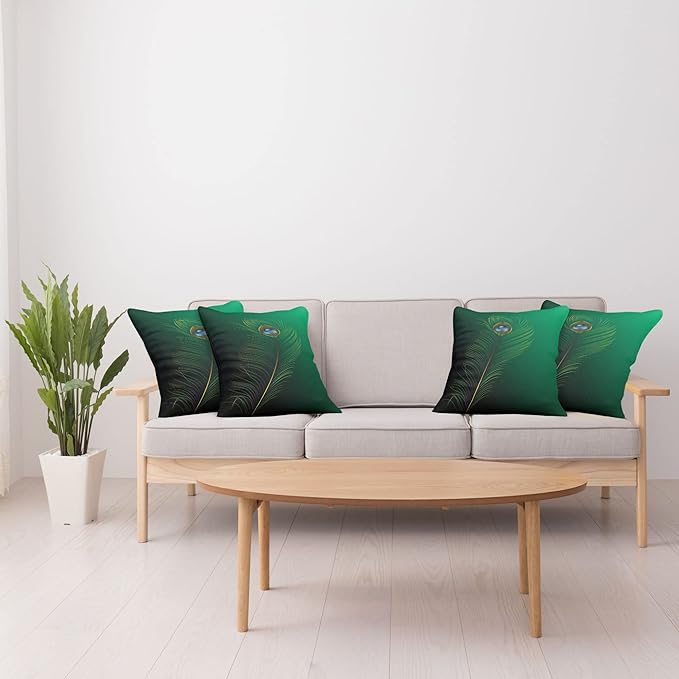Ambesonne Peacock Decorative Throw Pillow Case Pack of 4, Peacock Feather Illustration in Simplistic Style Wild Nature Life Print, Cushion Cover for Couch Living Room Car, 18", Green Blue