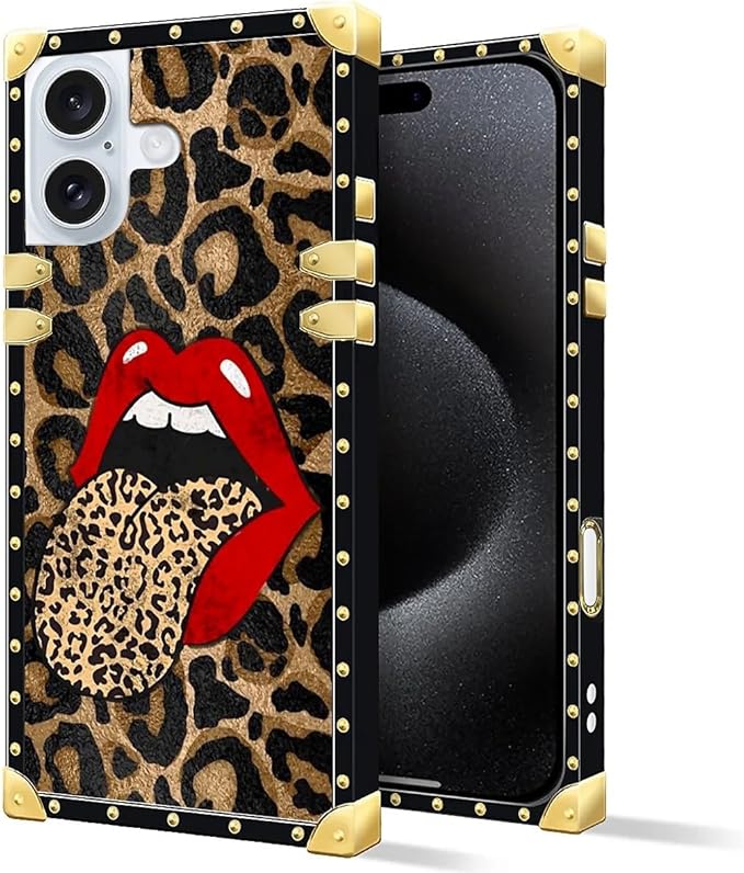 Compatible with iPhone 16 Case, Brown Leopard Print Mouth Luxury Golden Decoration for Girl Women Soft TPU Shockproof Protective Hard PC Back for iPhone 16
