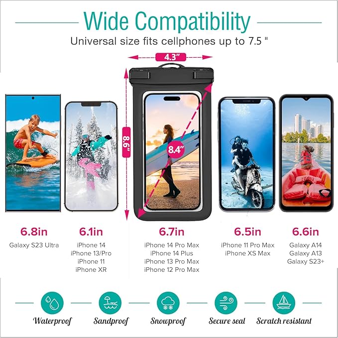 6 Pack Waterproof Phone Pouch IPX8 Universal Waterproof Case Dry Bag Phone Protector for iPhone 17/16/15/14/13 Pro Max Plus XS XR X 8 Galaxy S25 S24 S23 S22 S21 S20 Pixel Up to 8.4"(Multicolor 6)