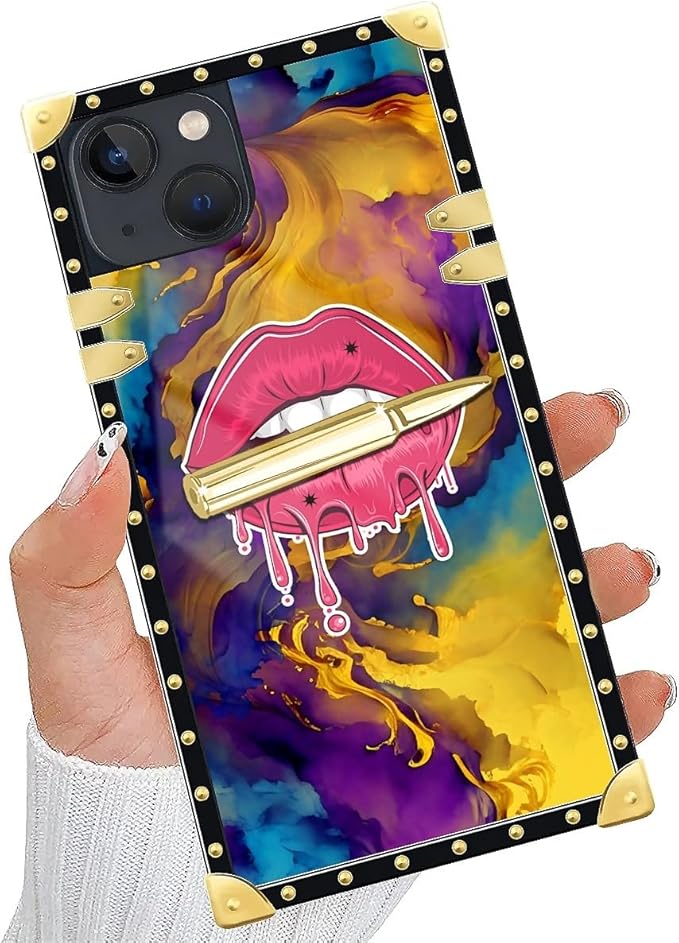 Compatible with iPhone 13 Case, Cool Corlorful Lip Marble Luxury Golden Decoration for Girl Women Soft TPU Shockproof Protective Hard PC Back for iPhone 13