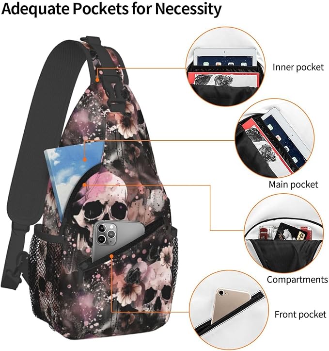 Flowers And Skulls Sling Bag For Women Men Halloween Backpack Crossbody Skull Shoulder Bag Sling Backpack Chest Bag Travel Hiking Casual Sport Daypack