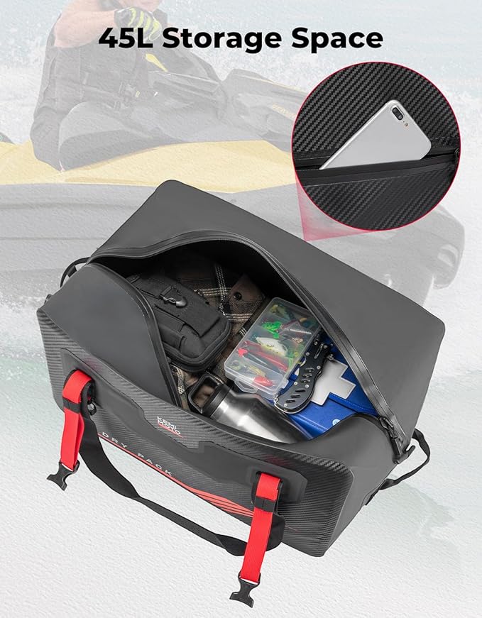 KEMIMOTO Waterproof Duffle Bag 45L Heavy Duty Marine Dry Bags Backpack Jet Ski Motorcycle Tail Bag Large Storage Travel Luggage For Boat Camping With Quick-Fixed Straps Compatible With Sea-Doo LinQ