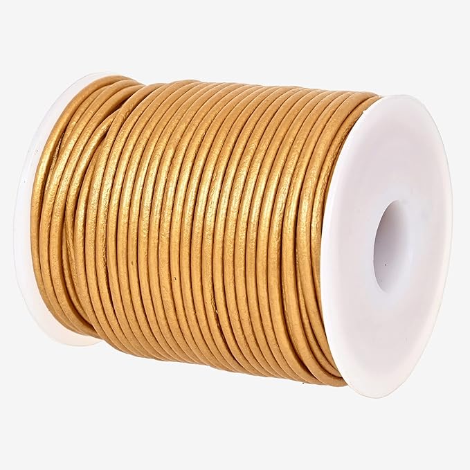 GENIQUE Real/Genuine Round Leather String Cord for Necklace, Bracelets, Jewelry, Kumihimo Braiding, DIY Projects (20 Metres) (2mm, Gold Metallic)