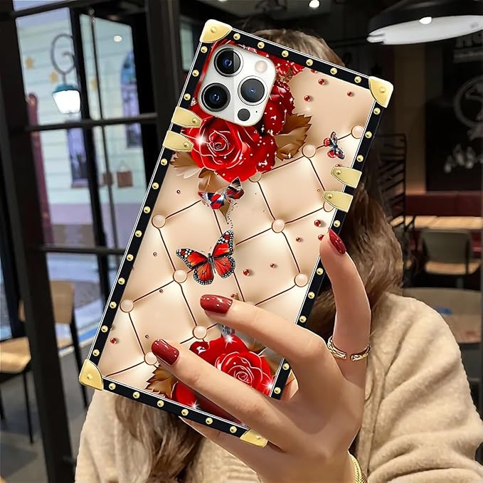 Compatible with iPhone 12 12 Pro Case, Shining Red Rose Butterfly Leather Background Luxury Golden Decoration for Girl Women Soft TPU Shockproof Protective Hard PC Back