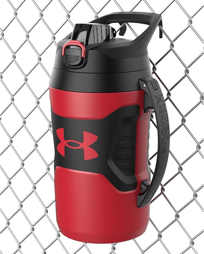 Under Armour Half Gallon Water Bottle Insulated, 64oz Insulated Water Bottle with Handle, Fence Hook, Leak Resistant, for Baseball, Football & More - Red/Black