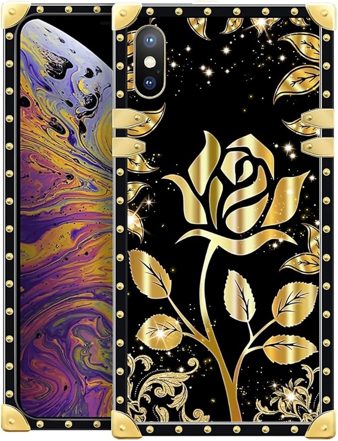 Compatible with iPhone Xs Max Case, Shine Gold Rose Luxury Golden Decoration for Girl Women Soft TPU Shockproof Protective Hard PC Back for iPhone Xs Max
