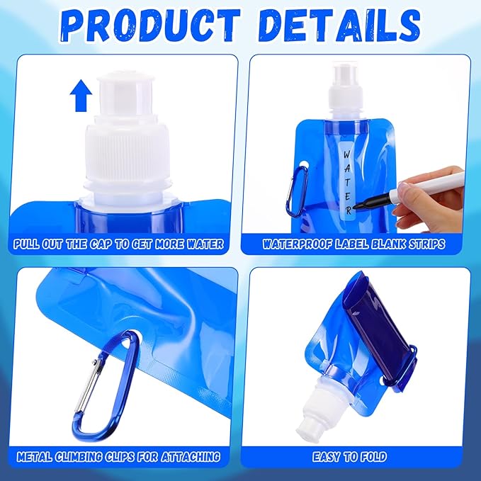 Teenyyou 48 Pack Collapsible Water Bottles Bulk 16oz Foldable Water Bottles with Carabiner Reusable Drinking Leak Proof Container Bags for Sport Biking Hiking Camping Travel Outdoor (Dark Blue)