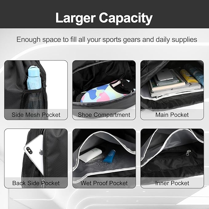 Hoedia Sports Drawstring Backpack - String Swim Gym Bag with Shoes Compartment and Wet Proof Pocket for Women&Men, Black Gold