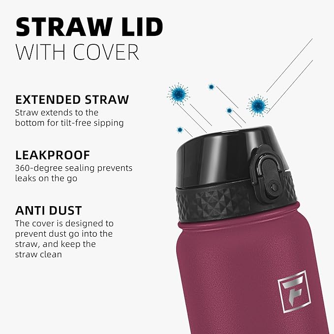 Fanhaw 32 oz Insulated Stainless Steel Water Bottle with Straw Lid, Leakproof Sports Bottle for Men, Women & Teens (Red Black)