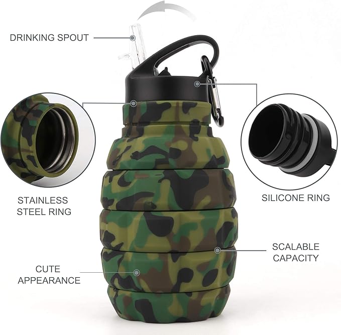Collapsible Travel Water Bottle19.6 oz, Reuseable Silicone Foldable Water Bottles for Gym Camping Hiking, Portable Leak Proof Sports Water Bottle with Carabiner (Army green camouflage)