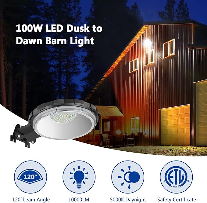 Karjoefar LED Barn Light, Dusk to Dawn Outdoor Lighting with 100W 10000LM 5000K Daylight, IP65 Waterproof Outdoor Security Lights for Garage Yard Street Warehouse Use