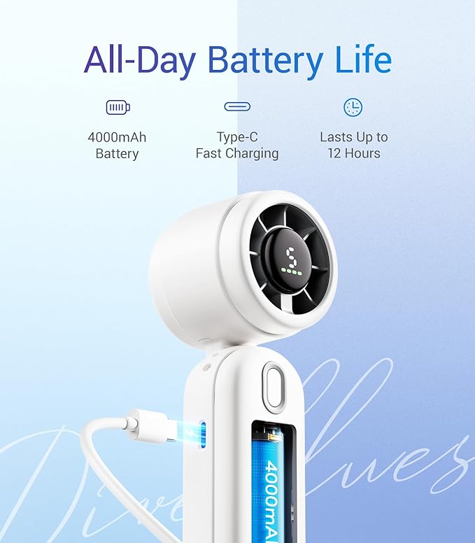 Diveblues Handheld Fan, 30ft/s Mini Portable Turbo Fan [12H Max Cooling], 4000mAh Personal Fan with LED Display, 3-in-1 Hand Held/Neck/Desk Fan for Travel, Cruise, Disney Essentials
