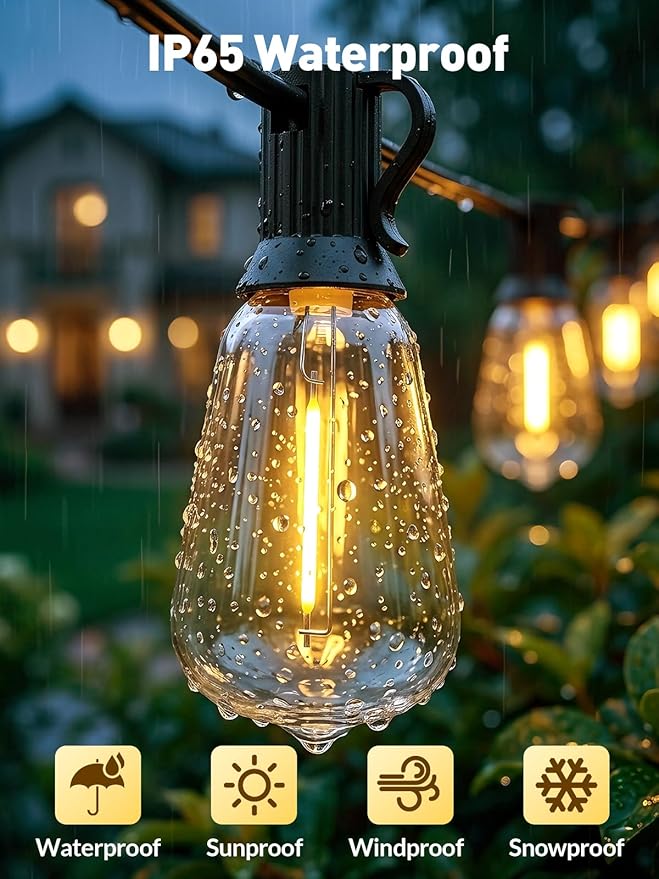 65ft-Solar-String-Lights-Outdoor-Waterproof-Solor-Powered-Patio-Light-Hanging-Outside-Backyard-Camping-Yard-Gazebo-Garden-Pergola-Bistro-Balcony-Cafe-Party-Fence-Lighting-LED with Edison Bulb & Remote