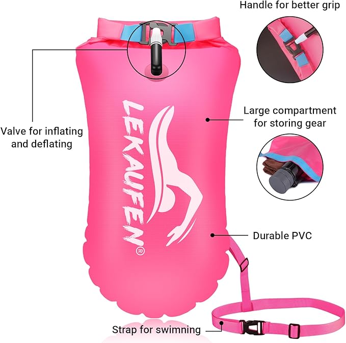 Swim Buoy for Open Water, 20L Swim Safety Float Waterproof Dry Bag for Swimmers Triathletes Kayakers Snorkelers, Swimming Pull Buoy for Safer Swim Training (Light Pink)