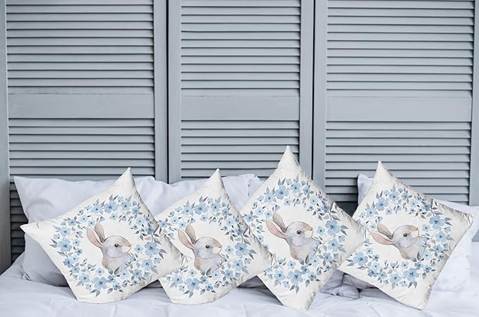 Ambesonne Watercolor Flower Decorative Throw Pillow Case Pack of 4, Bunny Rabbit Portrait in Floral Wreath Illustration Country Style, Cushion Cover for Couch Living Room Car, 16", Blue White