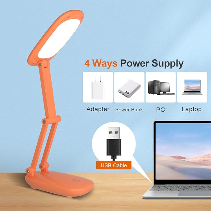 Akejrym LED Desk Lamp for Office Home & Battery Operated Lamp Rechargeable Lamp Foldable & Portable Light, [2-Fold Bracket] 3 Brightness Dimmable Small Desk Lamp Wireless Reading Lamp (Orange)