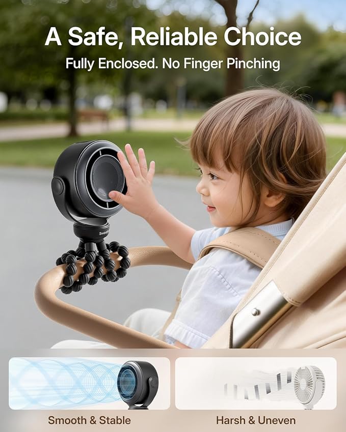 SWEETFULL Portable Stroller Fan, Pinch-Proof Baby Fan, 10H Battery, 5-Speed Quiet Mini Clip on Fan, USB-C Rechargeable with LED Display for Car Seat, Crib & Travel - Black