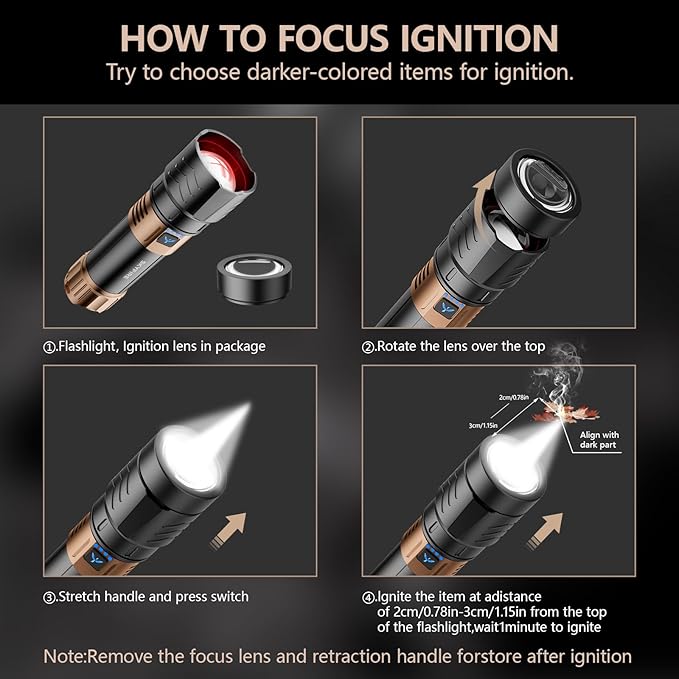 SKYFIRE Rechargeable Flashlights High Lumens Plus with Ignition Lens,3000lm Super Bright Flashlight,7500mAh,Zoomable,Waterproof Tactical Flash Light for Camping Essentials Outdoor Home&Gifts-Upgraded