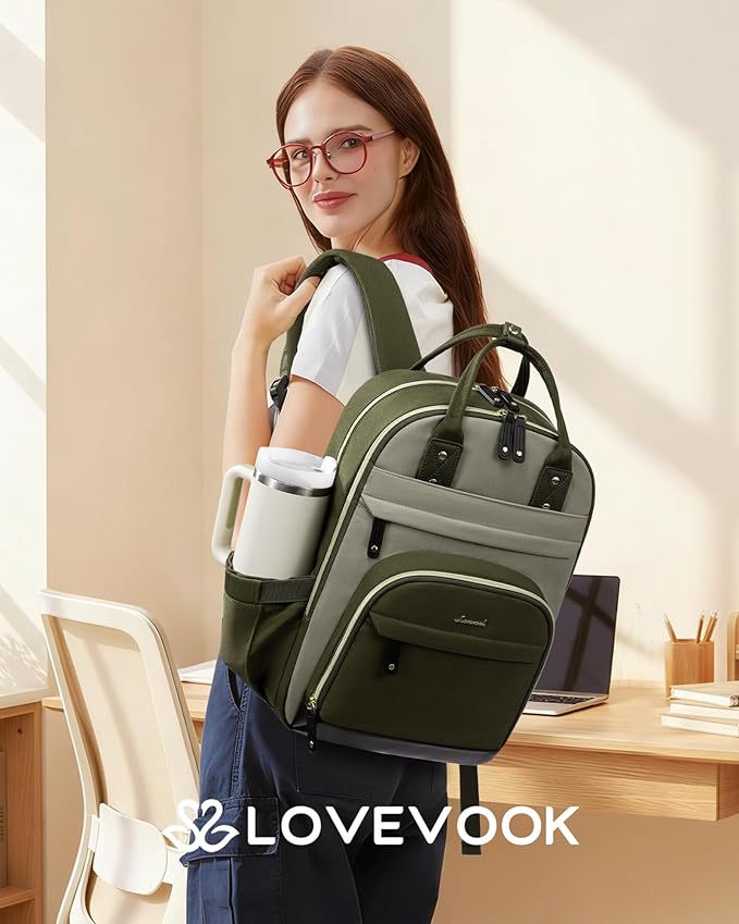 LOVEVOOK Laptop Backpack for Women with Giant Tumbler Holder Pocket,17.3 inch School College Book Bag Nurse Teacher Backpack,Work Travel Backpack Laptop Computer Bag,Olive green-Bean green-Kelp green