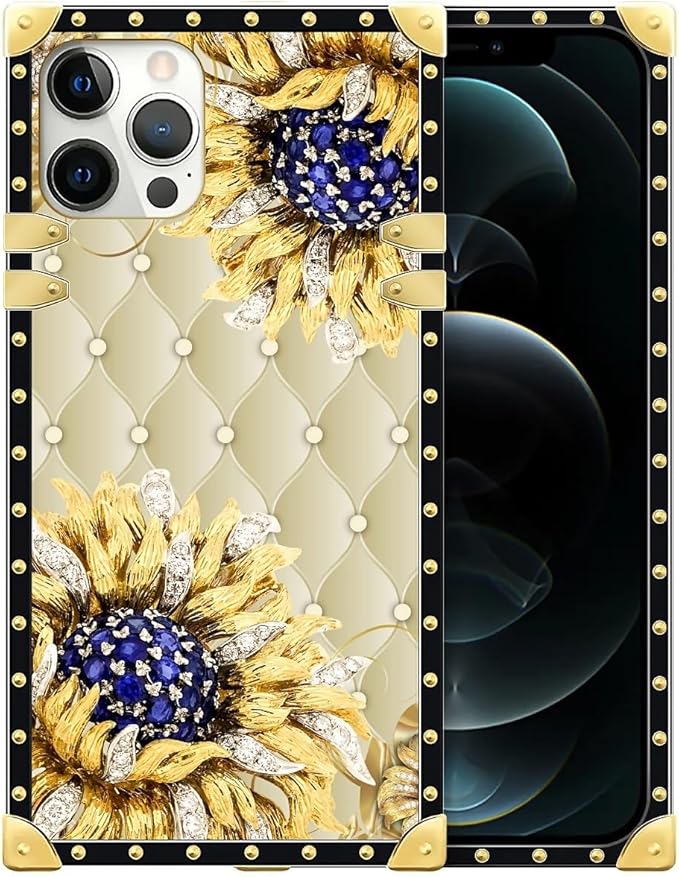 Compatible with iPhone 12 Pro Max Case, Sunflower Diamonds Leather Luxury Golden Decoration for Girl Women Soft TPU Shockproof Protective Hard PC Back for iPhone 12 Pro Max