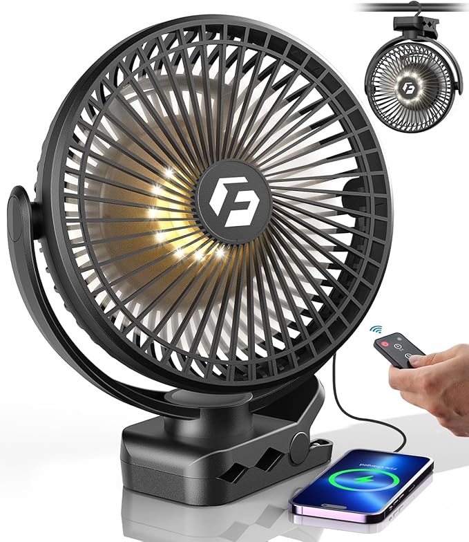 40000mAh Clip on Fan for Golf Cart - 8-inch Portable Rechargeable Fans - Max Up to 150Hrs Work Time - Battery Operated Fan with LED, Remote, Timers, Hook for Office, Desk, Camping, Treadmill, Tent