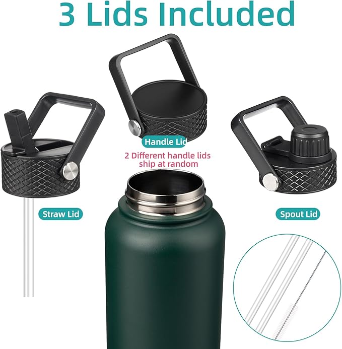 Konokyo 32 oz Insulated Water Bottle Stainless Steel Sport Bottles with 3 Lids,Army Green