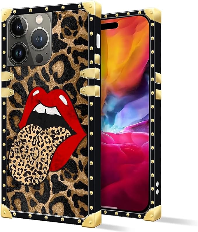 Compatible with iPhone 15 Pro Max Case, Brown Leopard Print Mouth Luxury Golden Decoration for Girl Women Soft TPU Shockproof Protective Hard PC Back for iPhone 15 Pro Max