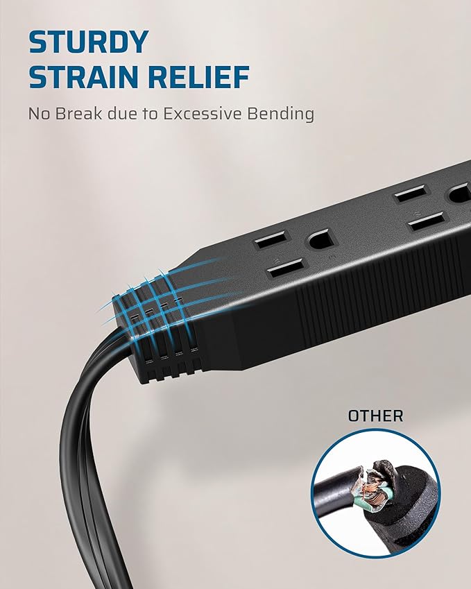 DEWENWILS 6FT Flat Plug Extension Cord 3 Prong Ultra Thin Power Strip, 13A/125V/1625W, 16/3 Awg Grounded Flat Power Cable for Indoor Narrow Space, SPT-3 Cord, ETL Listed, Black, 2 Pack